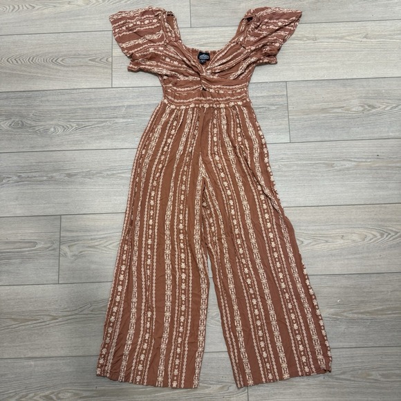 Angie Pants - Angie Womens Medium Rust Boho Print Wide Leg Jumpsuit 100% Rayon Flutter Sleeve